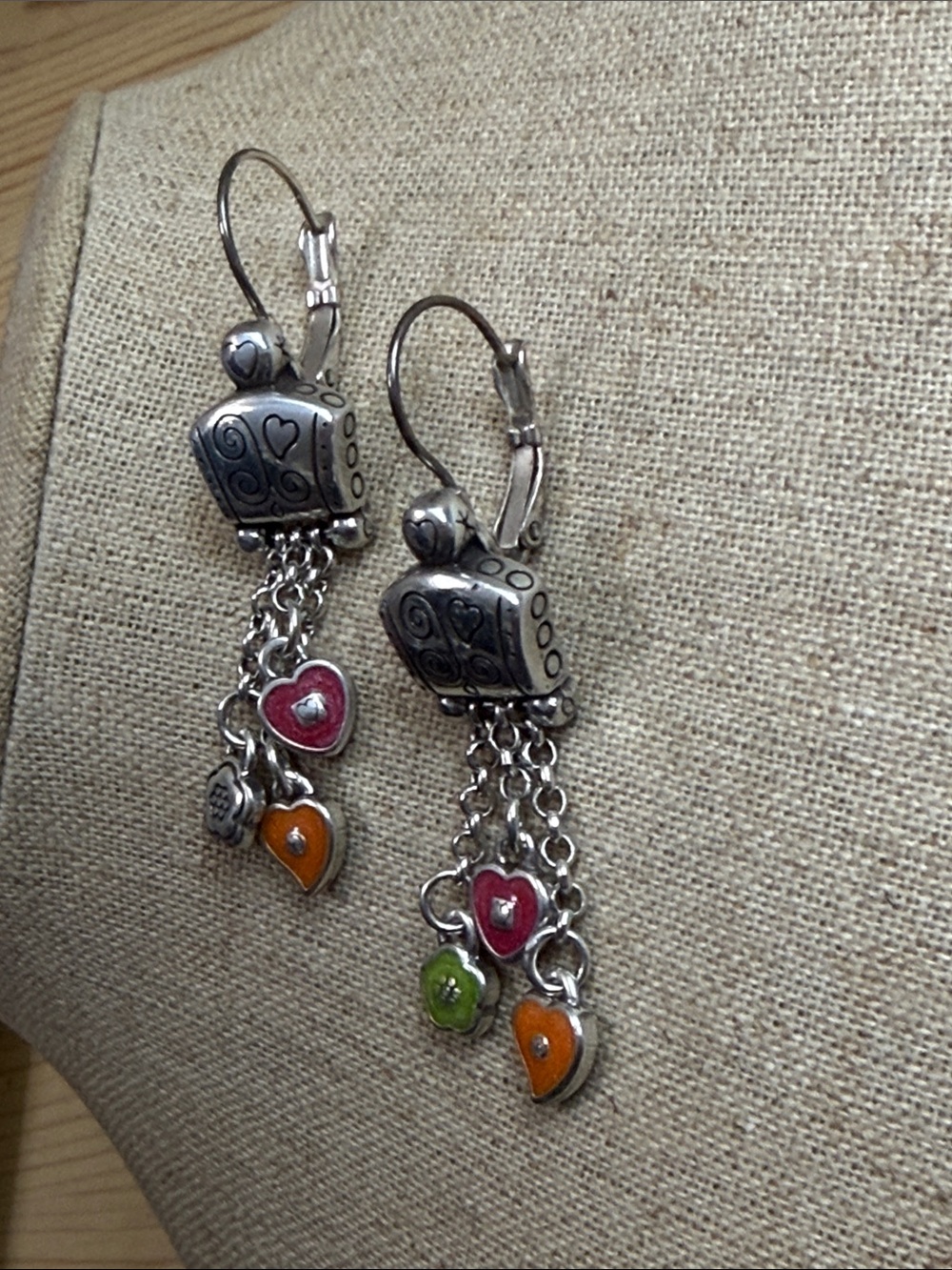 Silver-tone Dangle Earrings with Pink, Orange and Green Enamel Charms Brighton